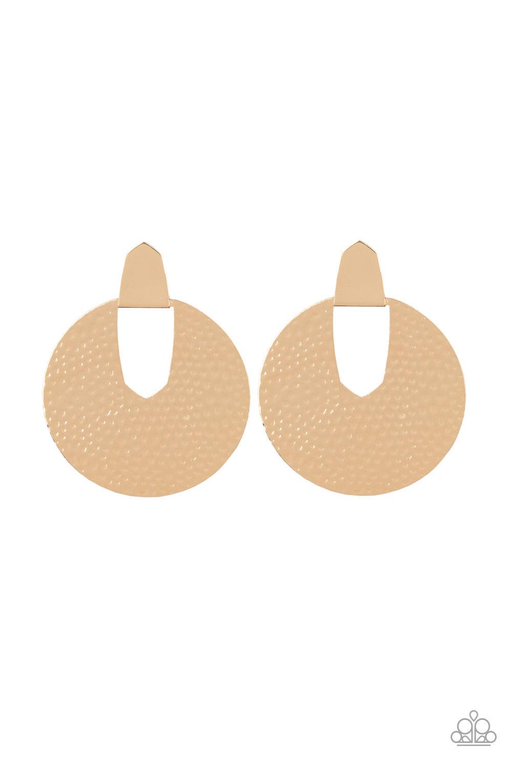 Paparazzi Accessories Bold Intentions - Gold An oversized gold frame has been hammered in a blinding shimmer as it dangles from an edgy gold fitting for a bold industrial look. Earring attaches to a standard post fitting. Jewelry