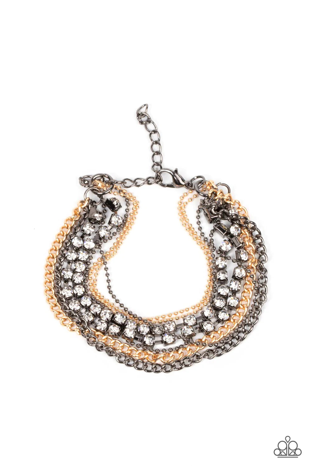 Paparazzi Accessories Secretly Sassy - Multi Glittery strands of white rhinestones join layers of gold and gunmetal ball and classic chains around the wrist, resulting in edgy shimmer. Features an adjustable clasp closure. Sold as one individual bracelet.