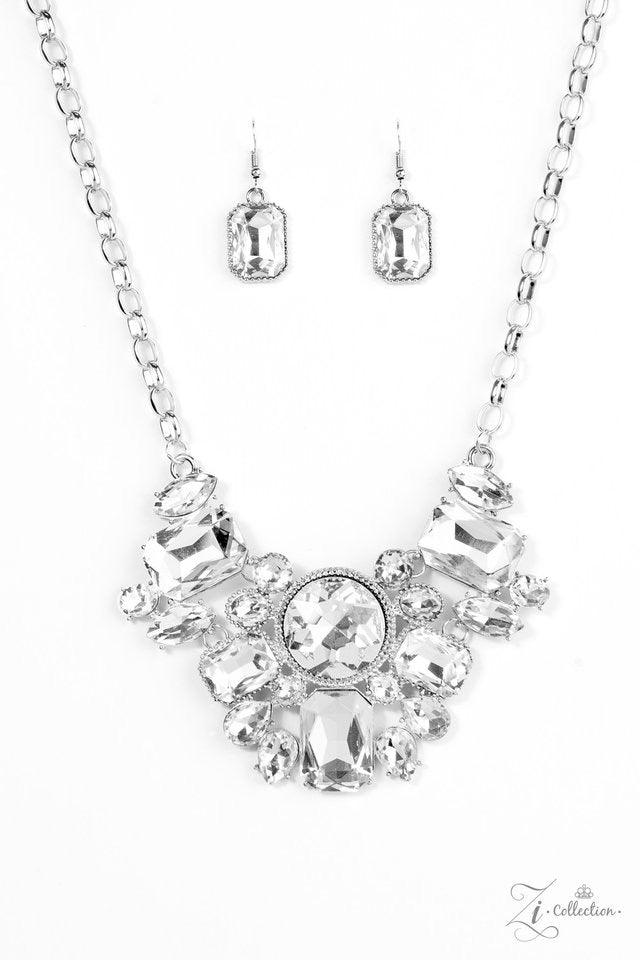 Paparazzi Accessories You-Phoria Featuring an array of round, marquise, teardrop, and elegant emerald style cuts, glittery white gems fan below the collar. Encased in sleek silver frames, the dramatic gems catch and reflect the light, casting blinding shi