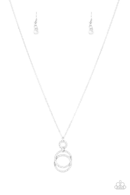 Paparazzi Accessories Timeless Trio - White Encrusted in radiant white rhinestones, three silver hoops interlock at the bottom of an elongated silver chain for an elegant look. Features an adjustable clasp closure. Sold as one individual necklace. Include