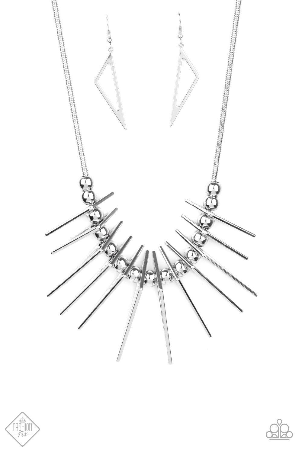 Paparazzi Accessories Fully Charged - Silver Separated by bold silver beads, triangular silver frames gradually increase in intensity as they slide along a rounded silver snake chain, creating an electric fringe below the collar. Features an adjustable cl