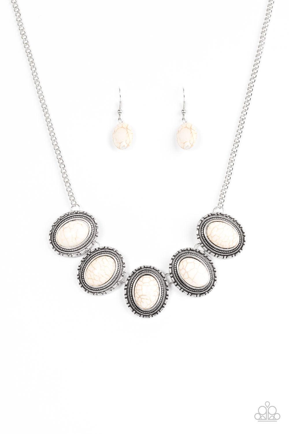 Paparazzi Accessories Bet The Ranch - White Smooth white stones are pressed into ornate silver frames. Brushed in an antiqued finish, the earthy frames link below the collar in a seasonal southwestern fashion. Sold as one individual necklace. Includes one