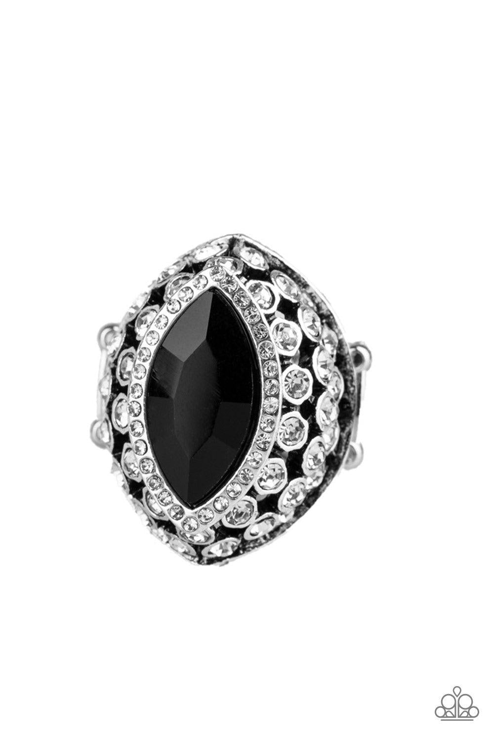 Paparazzi Accessories Royal Radiance - Black Featuring a regal marquise style cut, a sparkling black rhinestone is pressed into the center of a silver frame radiating with glittery white rhinestones for a blinding finish. Features a stretchy band for a fl