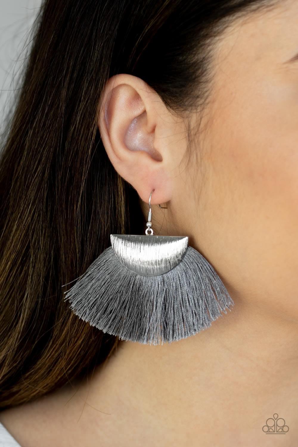 Paparazzi Accessories Fox Trap - Silver A fan of shiny gray thread flares out from the bottom of a shimmery silver crescent frame, creating a foxy fringe. Earring attaches to a standard fishhook fitting. Jewelry