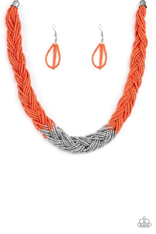 Paparazzi Accessories Brazilian Brilliance - Orange Strands of orange seed beads create an indigenous braid below the collar. The orange seed beads gradually morph into metallic silver beads at the center for a chic contrasting look. Features an adjustabl