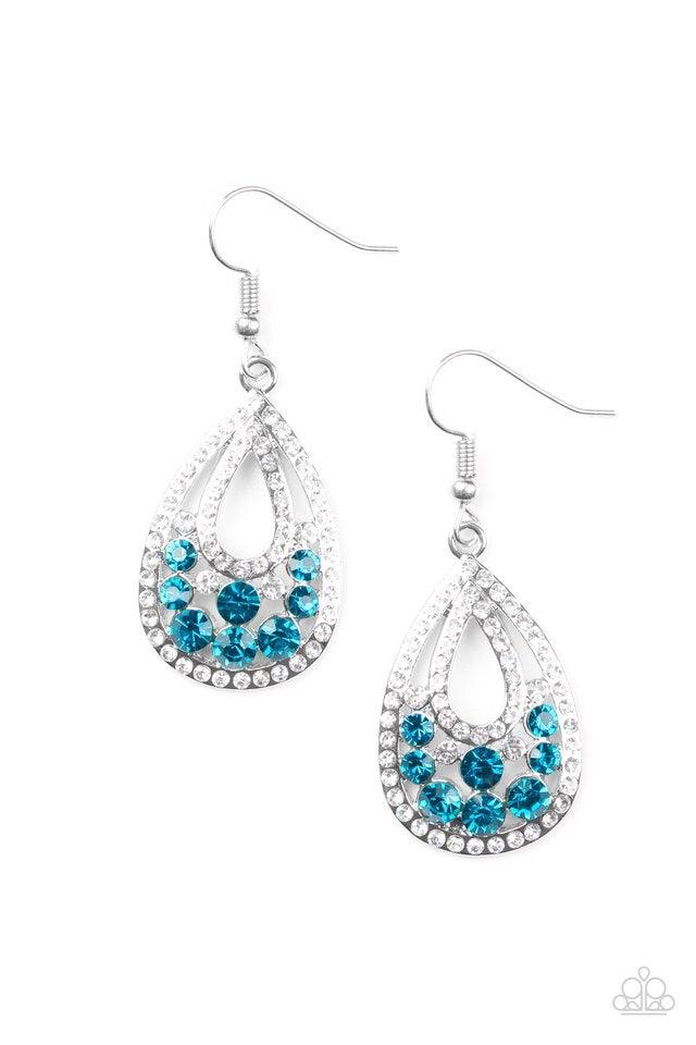 Paparazzi Accessories Sparkling Stardom - Blue Encrusted in glassy white rhinestones, shimmery silver bars swoop into a glittery teardrop frame. Sparkling blue and white rhinestones are sprinkled across the airy frame for a refined finish. Earring attache