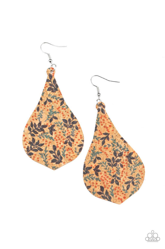 Paparazzi Accessories Cork Coast - Multi Featuring a colorful leafy pattern, a teardrop cork frame swings from the ear for a trendy vibe. Earring attaches to a standard fishhook fitting. Sold as one pair of earrings. Jewelry