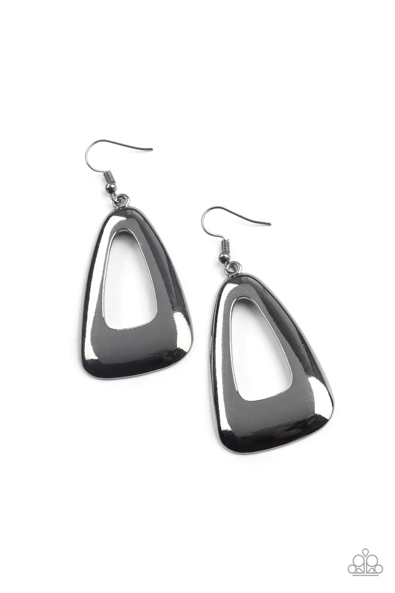 Paparazzi Accessories Irresistibly Industrial - Black A high sheen gunmetal triangular frame swings from the ear, creating an intense industrial centerpiece. Earring attaches to a standard fishhook fitting. Sold as one pair of earrings. Jewelry
