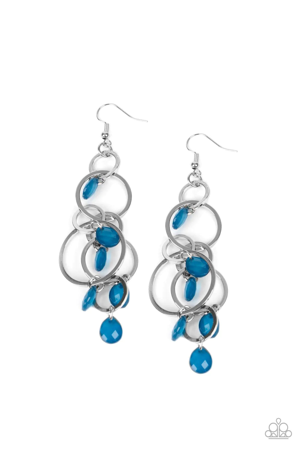 Paparazzi Accessories Dizzingly Dreamy - Blue Opaque Mykonos Blue teardrops sporadically cascade from an assortment of mismatched silver links, resulting in a whimsically tasseled chandelier. Earring attaches to a standard fishhook fitting. Sold as one pa