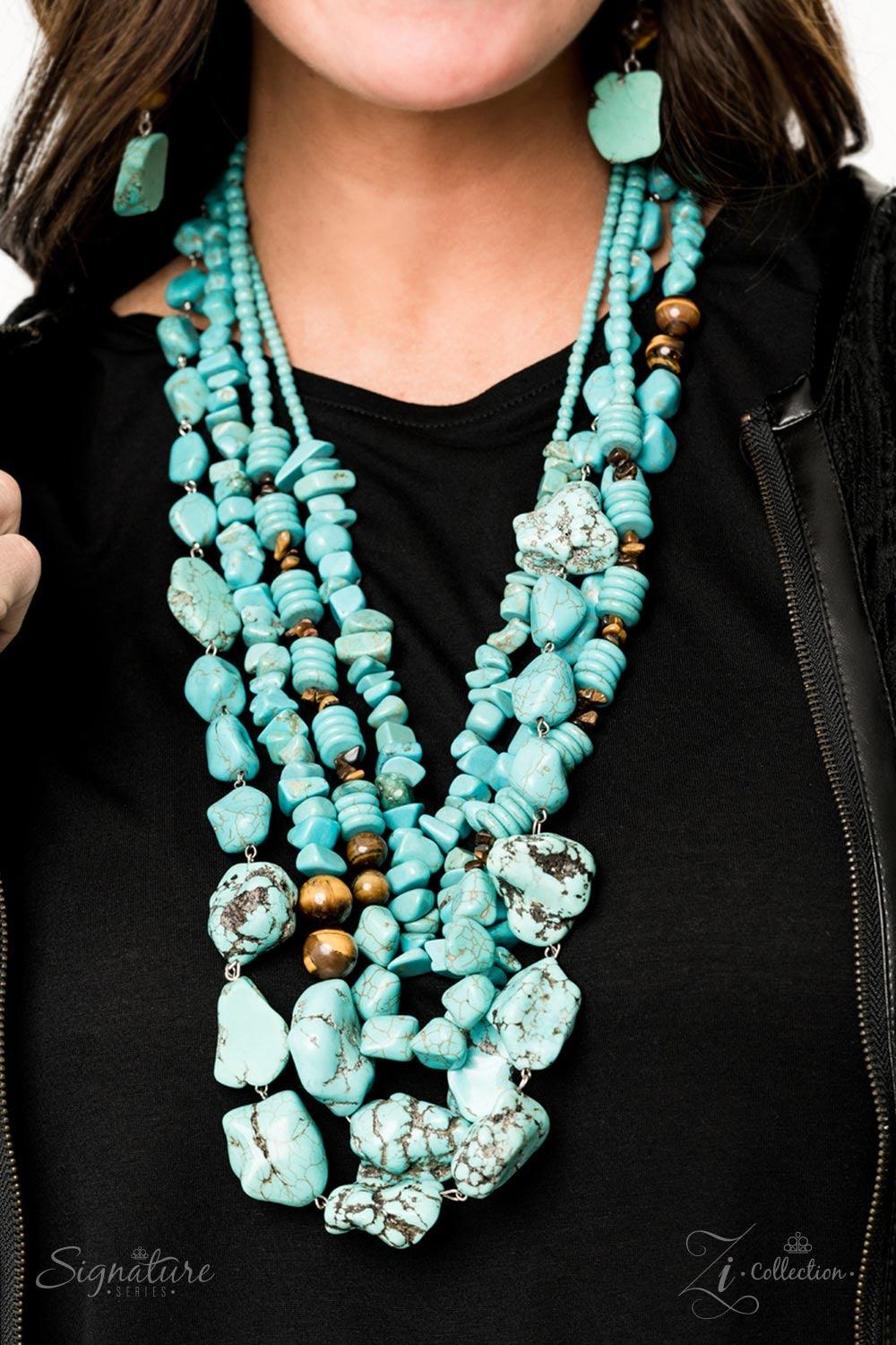 Paparazzi Accessories The Monica 💗ZiCollection $25💗 Joined together by silver fittings, strand after strand of turquoise stones and tiger's eye accents layer down the chest in this groundbreaking look. Featuring round, raw, and pebble-like finishes, the