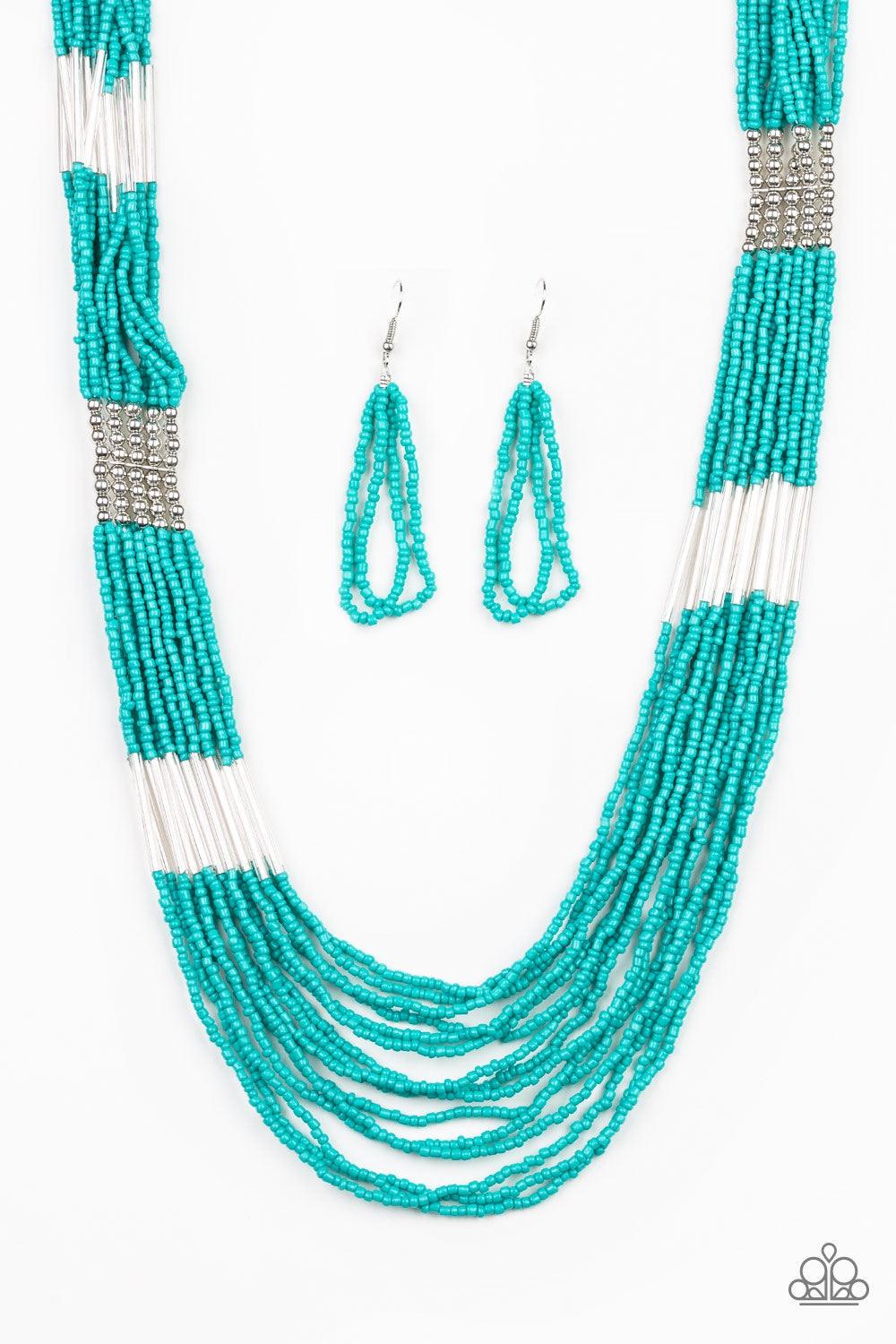 Paparazzi Accessories Let It BEAD - Blue Countless strands of turquoise seed beads drape across the chest in a layered cascade. Accented with classic silver beading, glassy cylindrical beading is added to the display for a radiant finish. Features an adju