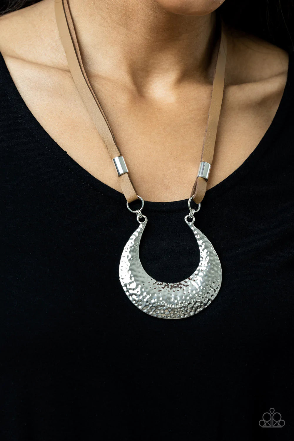 Paparazzi Accessories Majorly Moonstruck - Brown Infused with shiny silver beads, strips of brown leather link to an oversized half moon pendant that is hammered in a blinding silver finish, creating a rustic statement piece below the collar. Features an