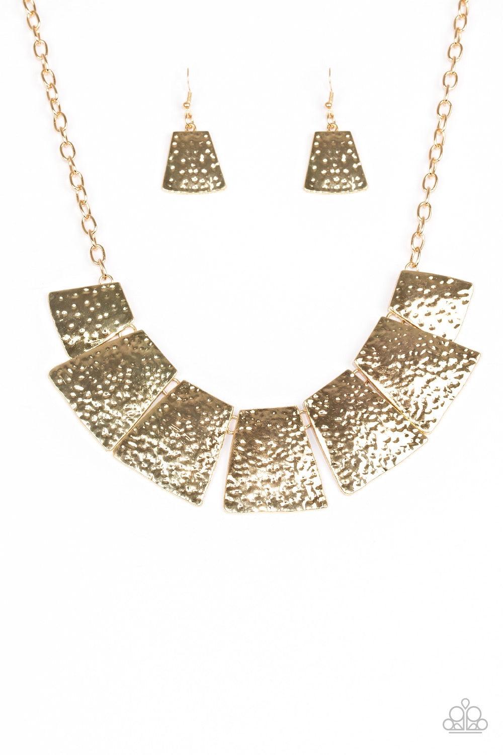 Paparazzi Accessories Here Comes Huntress - Gold Featuring flared edges, delicately hammered gold plates link below the collar for a fierce look. Features an adjustable clasp closure. Jewelry