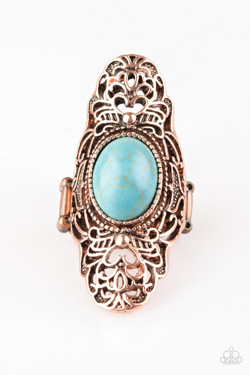 Paparazzi Accessories Ego Trippin’ - Copper Dotted with a refreshing turquoise stone center, glistening copper filigree climbs the finger, coalescing into a dramatic frame. Features a stretchy band for a flexible fit. Sold as one individual ring. Jewelry