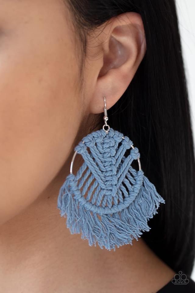 Paparazzi Accessories All About MACRAME - Blue Faded Denim thread is decoratively knotted around a silver hoop, creating a statement making fringe. Earring attaches to a standard fishhook fitting. Jewelry