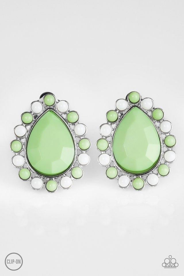 Paparazzi Accessories So Spring Season - Green *Clip-On Dainty white and green beads spin around a faceted green teardrop, creating a colorful frame. Earring attaches to a standard clip-on fitting. Jewelry