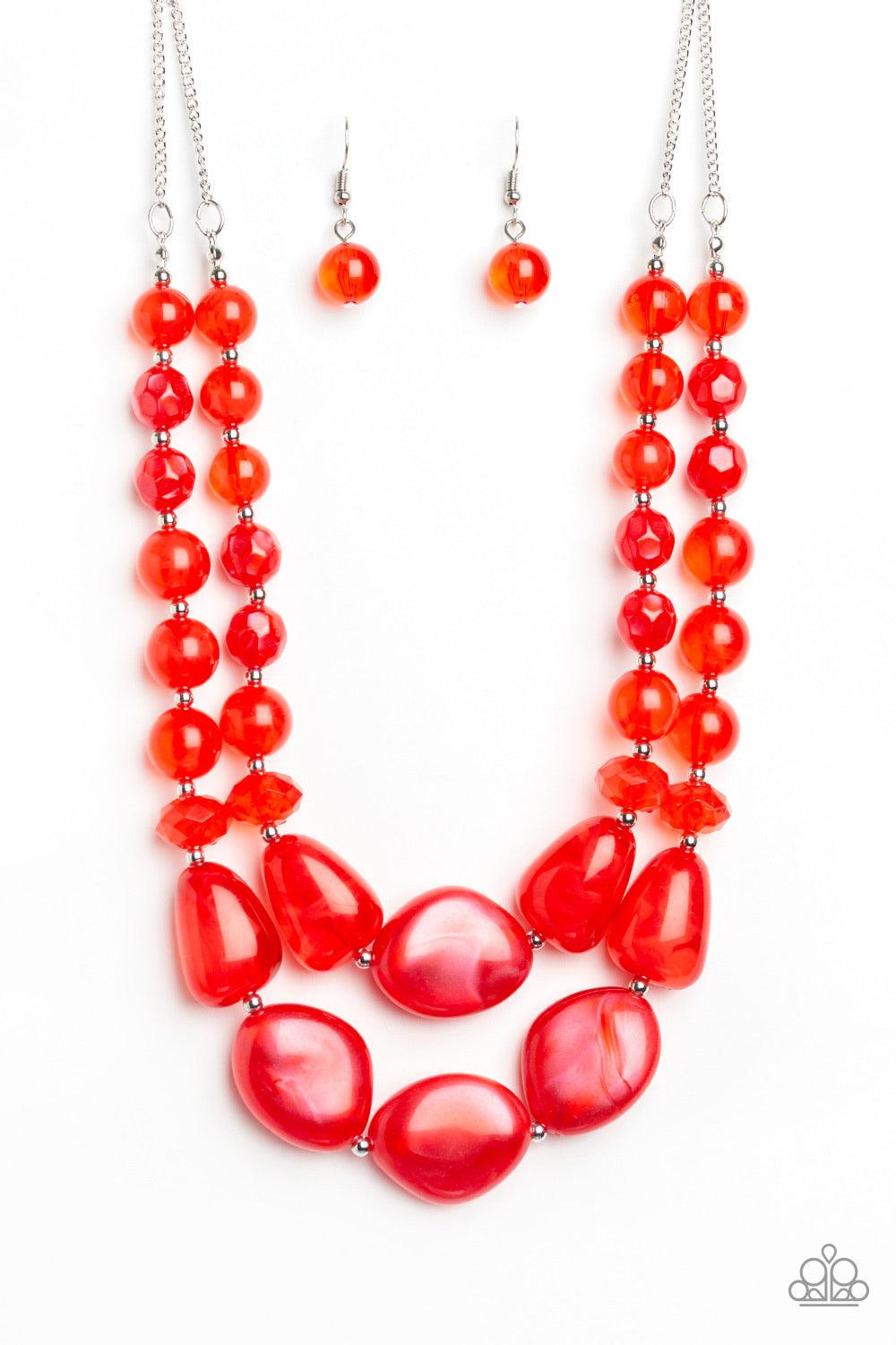 Paparazzi Accessories Beach Glam - Red Varying in shape and opacity, a refreshing collection of glassy and iridescent red beads layer below the collar for a boldly colorful look. Features an adjustable clasp closure. Sold as one individual necklace. Inclu