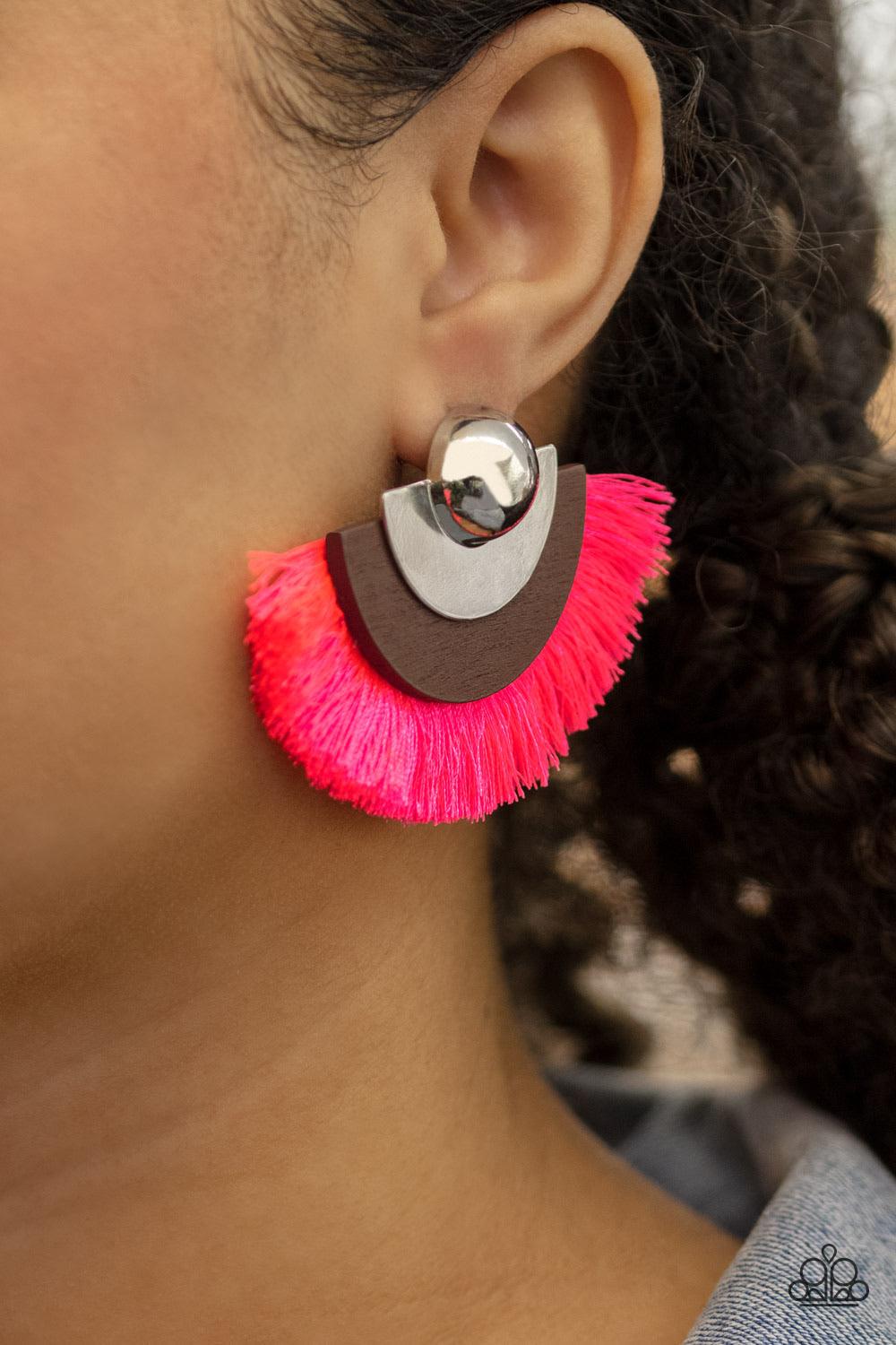 Paparazzi Accessories Fan The FLAMBOYANCE - Pink Neon pink thread fans from the bottom of a retro silver and wooden frame, creating a vivacious fringe. Earring attaches to a standard post fitting. Jewelry
