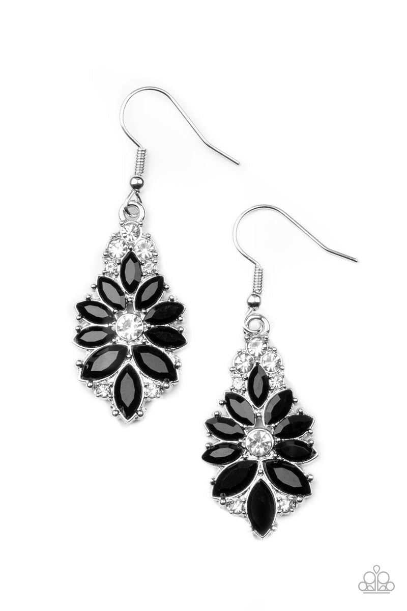Paparazzi Accessories Gala Goddess - Black Sprinkled with dainty white rhinestones, an explosion of regal marquise cut black rhinestones flare out from a solitaire white rhinestone center for a fabulously floral flair. Earring attaches to a standard fishh