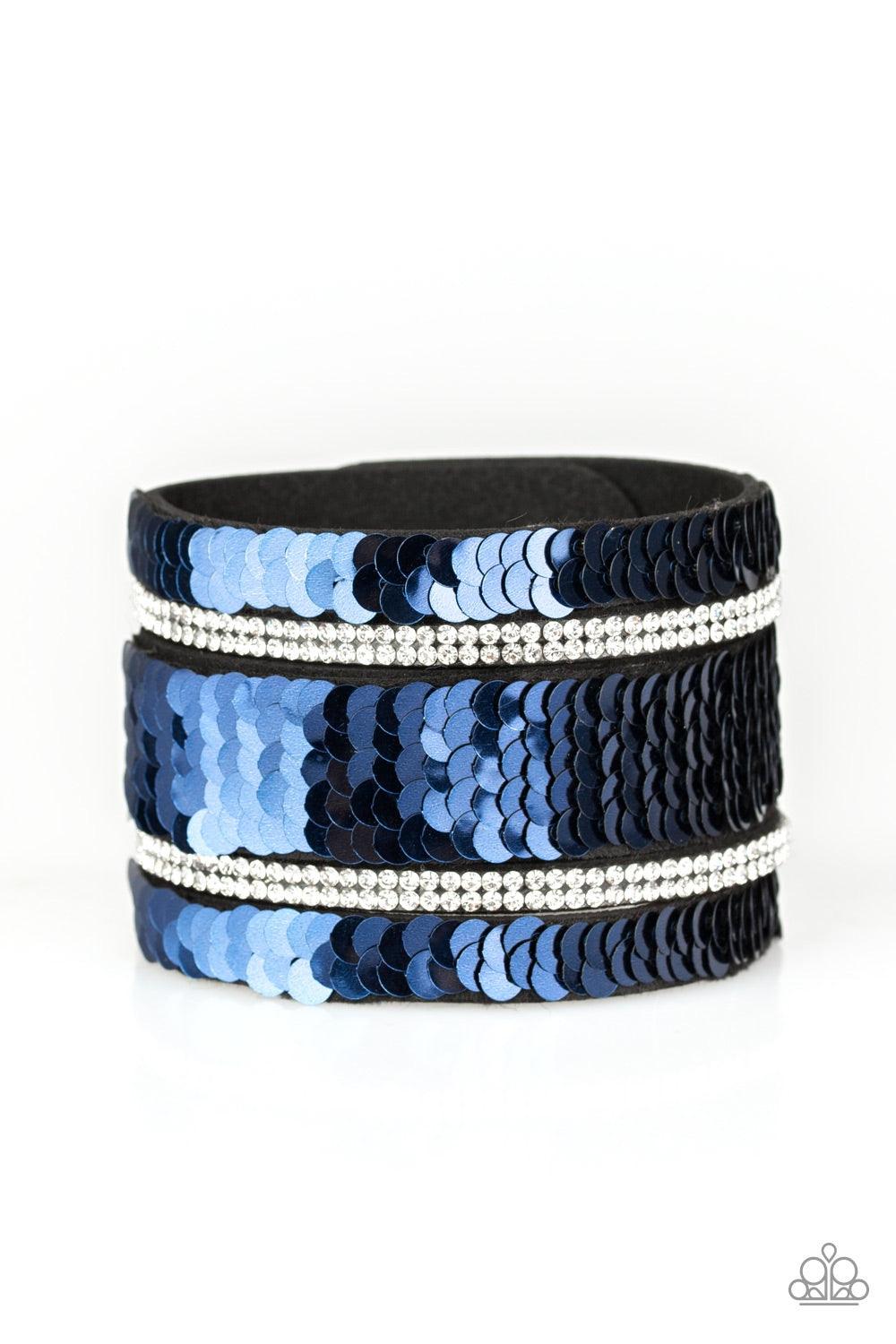 Paparazzi Accessories MERMAID Service - Blue Infused with strands of blinding white rhinestones, row after row of shimmery sequins are stitched across the front of a spliced black suede band. Bracelet features reversible sequins that change from silver to
