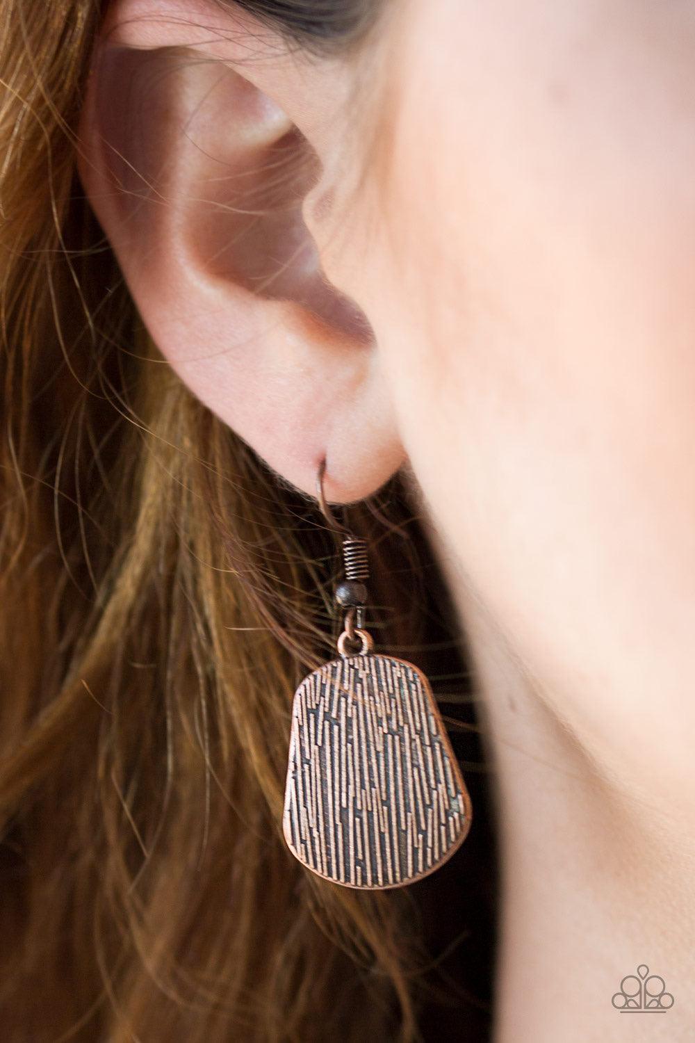 Paparazzi Accessories CAVE The Day - Copper Embossed in glistening linear textures, shimmery copper plates connect below the collar, creating a fierce fringe. Features an adjustable clasp closure. Sold as one individual necklace. Includes one pair of matc