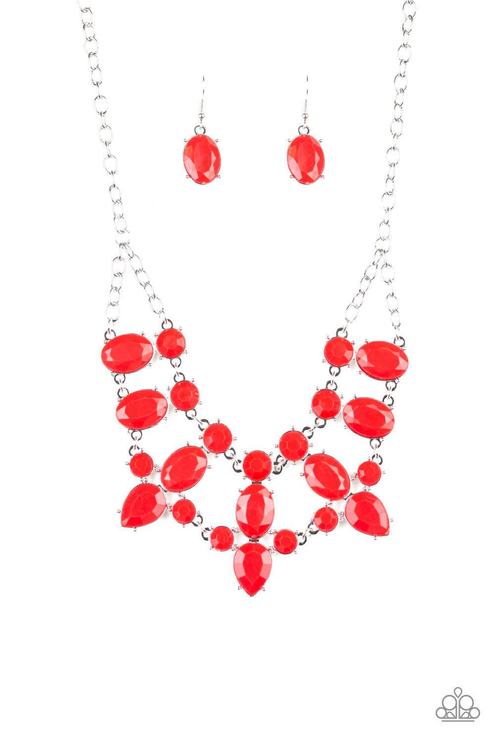 Paparazzi Accessories Goddess Glow - Red A collision of round, oval, and teardrop red beaded frames delicately connect below the collar for a glamorous look. Features an adjustable clasp closure. Jewelry