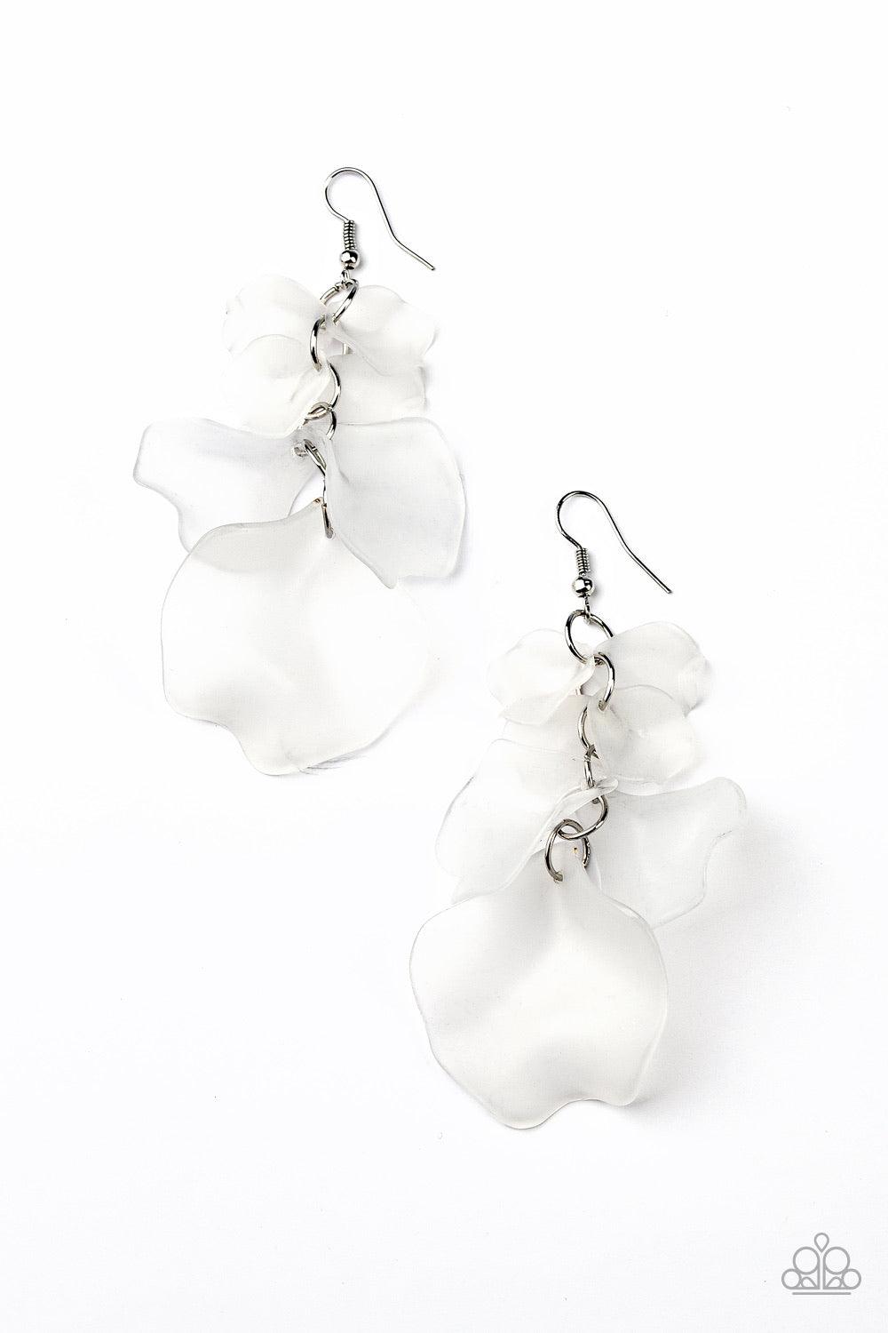 Paparazzi Accessories Fragile Floral - White Featuring a frosty white hue, glass-like acrylic petals cascade from the ear, coalescing into a whimsical lure. Earring attaches to a standard fishhook fitting. Jewelry