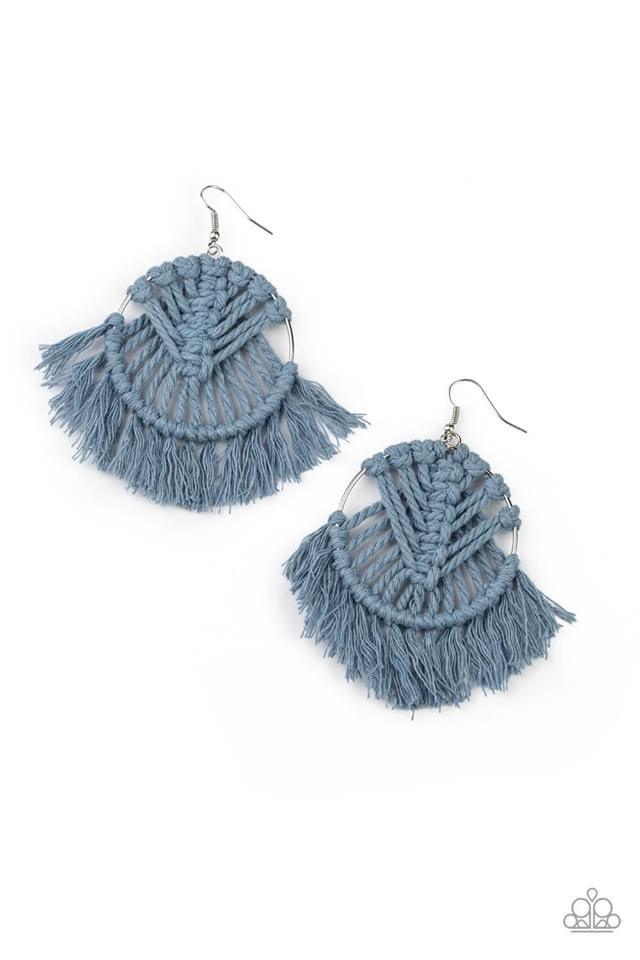 Paparazzi Accessories All About MACRAME - Blue Faded Denim thread is decoratively knotted around a silver hoop, creating a statement making fringe. Earring attaches to a standard fishhook fitting. Jewelry
