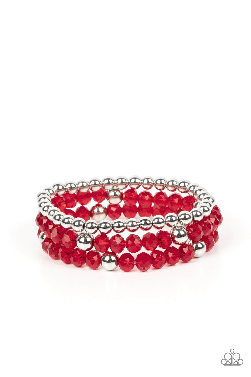 Paparazzi Accessories Prismatic Perceptions - Red A playful collection of shiny silver beads and sparkly red crystal-like beads are threaded along stretchy bands around the wrist, resulting in colorful layers. Sold as one set of three bracelets. Jewelry