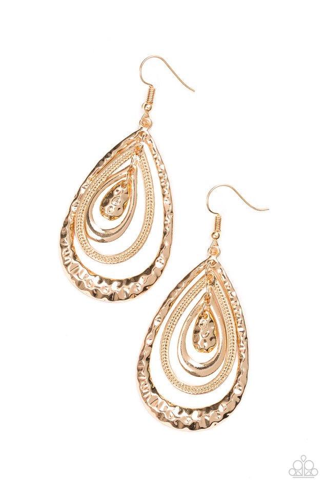 Paparazzi Accessories Metallic Monsoon - Gold Featuring delicately hammered, smooth, and textured surfaces, glistening gold teardrop frames layer into a shimmery lure. Earring attaches to a standard fishhook fitting. Jewelry