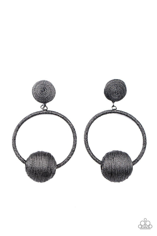 Paparazzi Accessories Social Sphere - Black Shimmery gunmetal thread wraps around an oversized bead that is fitted in place along the bottom of a matching threaded hoop. The glistening display links to the bottom of a matching gunmetal threaded fitting, c