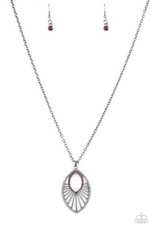 Paparazzi Accessories Court Couture - Purple Radiating with studded gunmetal bars, a glistening marquise shaped frame swings from the bottom of an elongated gunmetal chain. Glittery purple rhinestones adorn the frame, adding a refined flair to the regal p