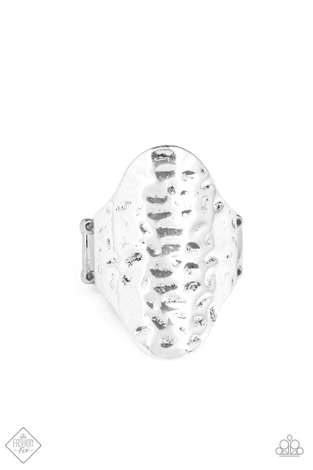 Paparazzi Accessories Revamped Ripple - Silver Wavy texture is delicately hammered across the front of a thick silver frame, creating a rippling centerpiece. Features a stretchy band for a flexible fit. Sold as one individual ring. Jewelry