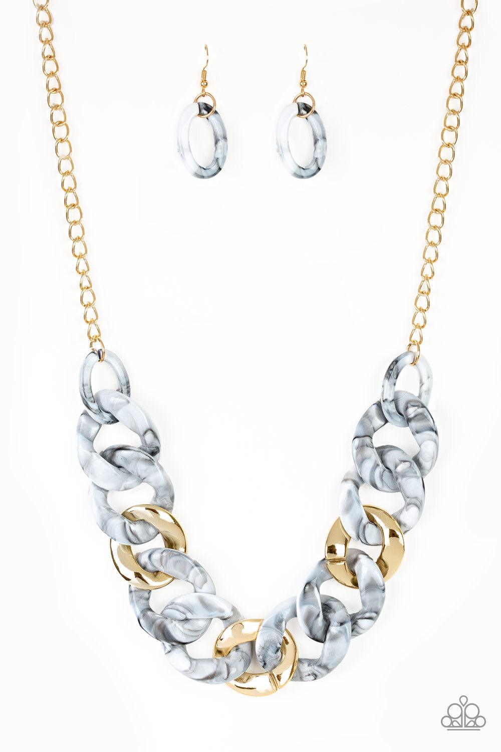 Paparazzi Accessories I Have a HAUTE Date - White Featuring a faux marble finish, smoky white acrylic links connect with shiny metallic links below the collar for a colorful statement-making look. Features an adjustable clasp closure. Jewelry