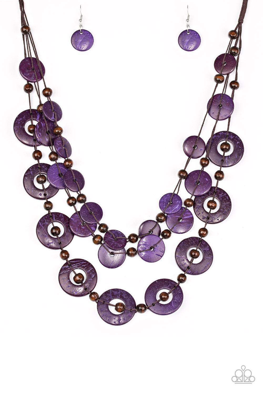 Paparazzi Accessories Catalina Coastin - Purple Brushed in a shell-like iridescence, vivacious purple wooden discs and round brown wooden beads are knotted along three strands of brown cording for a summery look. Features a button loop closure. Jewelry