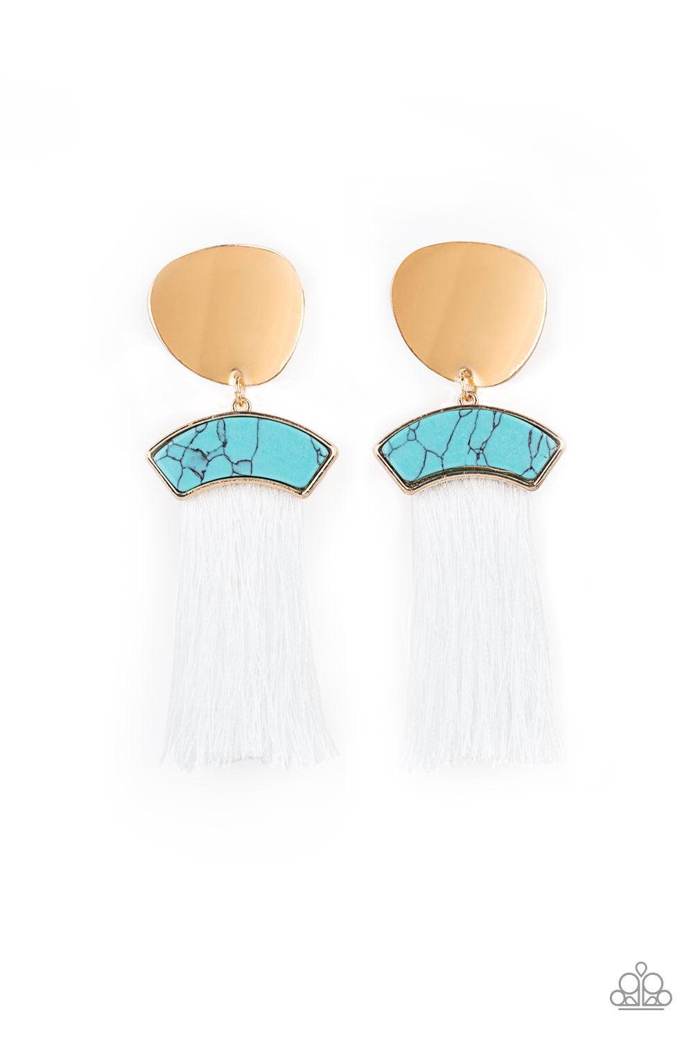 Paparazzi Accessories Insta Inca - Blue A plume of shiny white thread streams from the bottom of a turquoise stone frame that links with an asymmetrical gold disc, creating a flirtatious tassel. Earring attaches to a standard post fitting. Jewelry