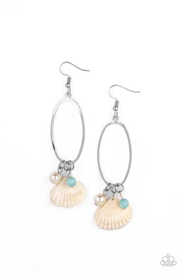 Paparazzi Accessories This Too SHELL pass ~Blue A dainty white shell, glassy blue cat's eye stone bead, and timeless white pearl glide along the bottom of an airy silver oval frame, creating a beach inspired tassel. Earring attaches to a standard fishhook