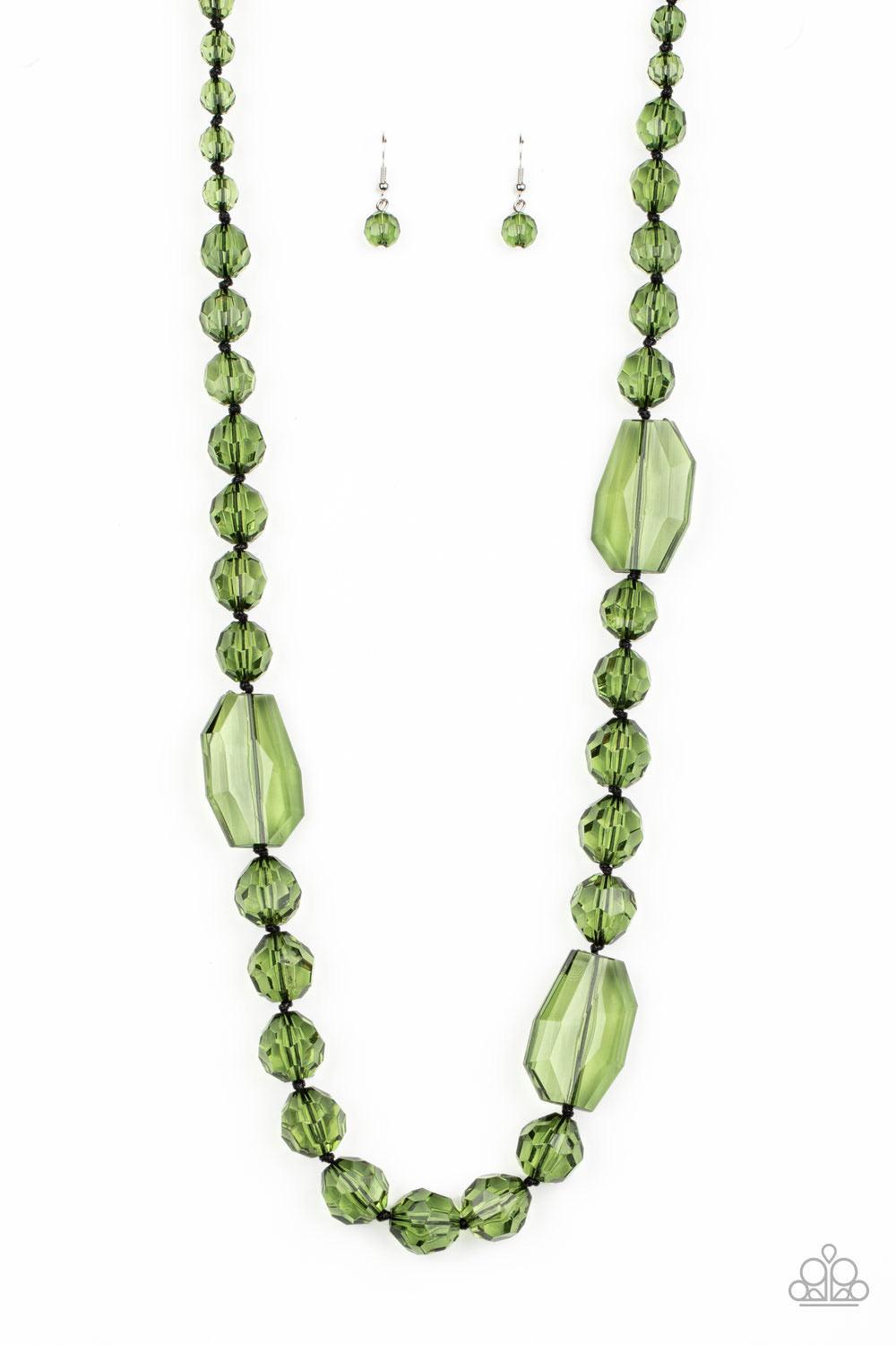 Paparazzi Accessories Malibu Masterpiece - Green Varying in shape and size, glassy green beads are knotted in place along shiny black cording, creating a dazzling display across the chest. Features an adjustable clasp closure. Sold as one individual neckl
