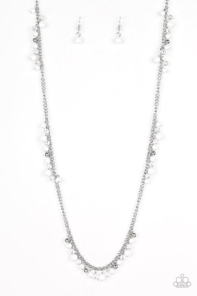 Paparazzi Accessories Miami Mojito - White Sections of shiny silver, polished white, and glassy beads trickle along a shimmery silver chain along the chest for a flirtatious look. Features an adjustable clasp closure. Jewelry