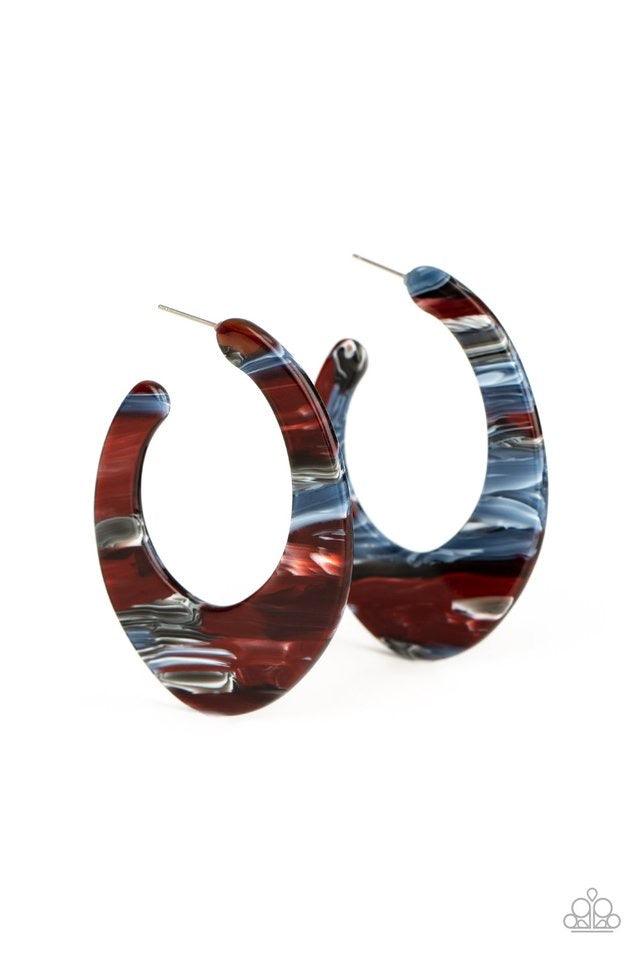 Paparazzi Accessories Retro Renaissance - Multi Lined in multicolored details, a shiny acrylic frame curves into an asymmetrical hoop for a colorfully retro look. Earring attaches to a standard post fitting. Hoop measures approximately 1 1/4" in diameter.
