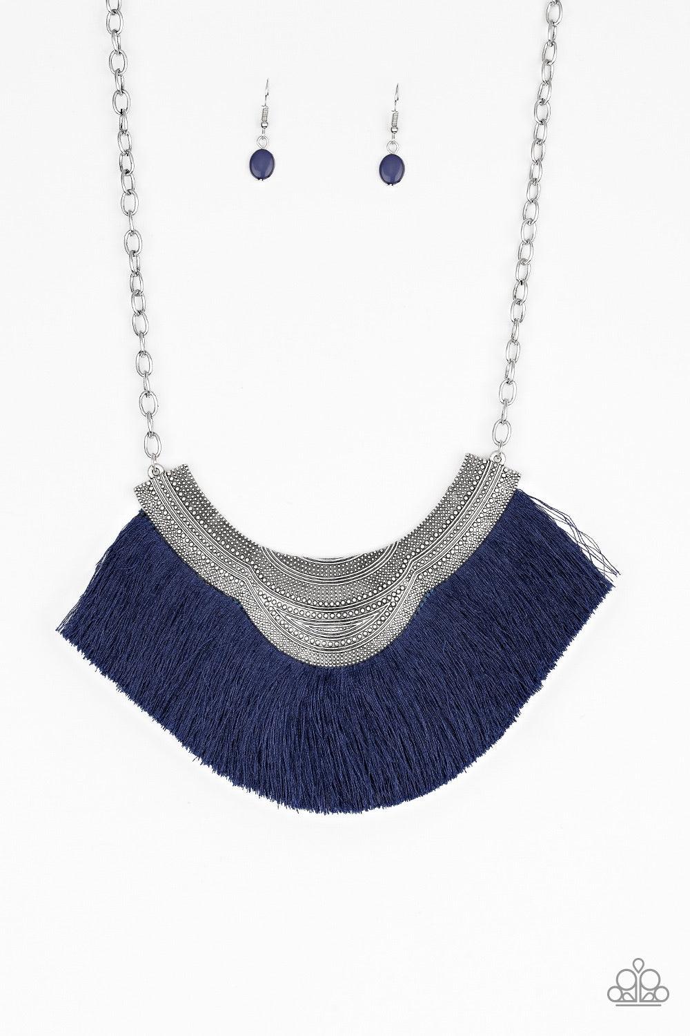 Paparazzi Accessories My PHARAOH Lady - Blue Dotted in ornate detail, a scalloped silver plate gives way to a flirtatious blue fringe, creating a royal statement piece below the collar. Features an adjustable clasp closure. Jewelry