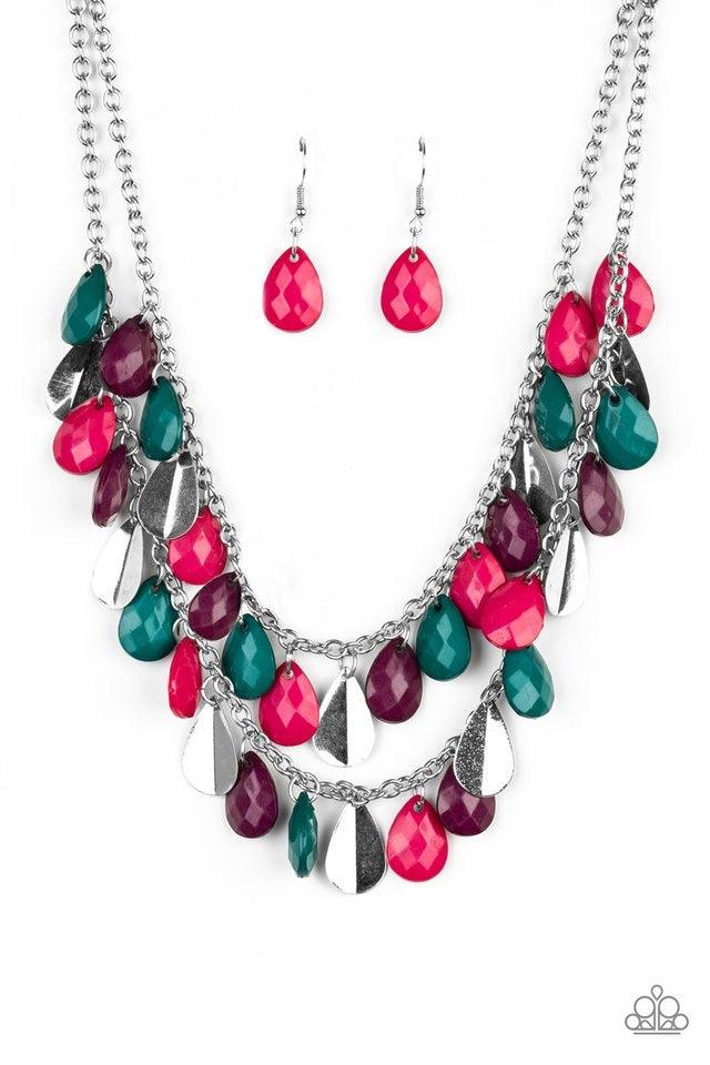 Paparazzi Accessories Life of the FIESTA - Multi Two strands of silver chain are decorated in a flirtatious fringe of faceted green, pink, and plum teardrops. Glittery beveled silver teardrops are sprinkled between the colorful beading, adding hints of sh