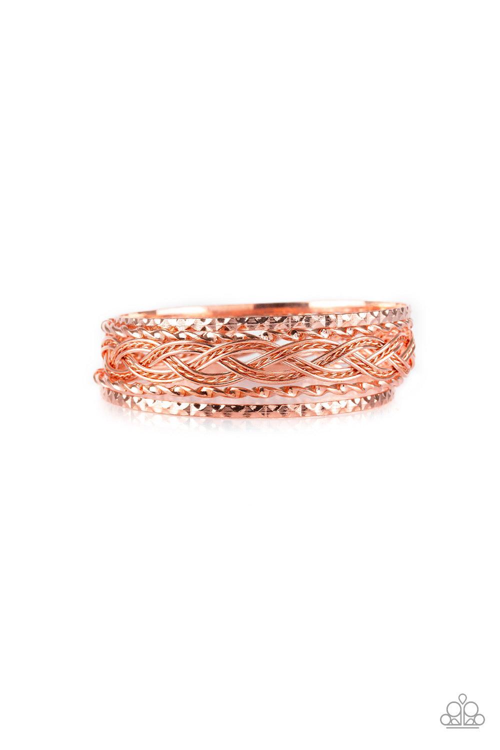 Paparazzi Accessories Straight Street - Copper Featuring smooth and textured finishes, mismatched shiny copper bangles glide along the wrist for a causal fashion. Jewelry