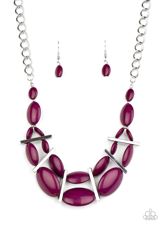 Paparazzi Accessories Law of the Jungle - Purple Sectioned off by edgy silver fittings, a flamboyant collection of vivacious plum beads link into two colorful layers below the collar for a bold pop of color. Features an adjustable clasp closure. Sold as o