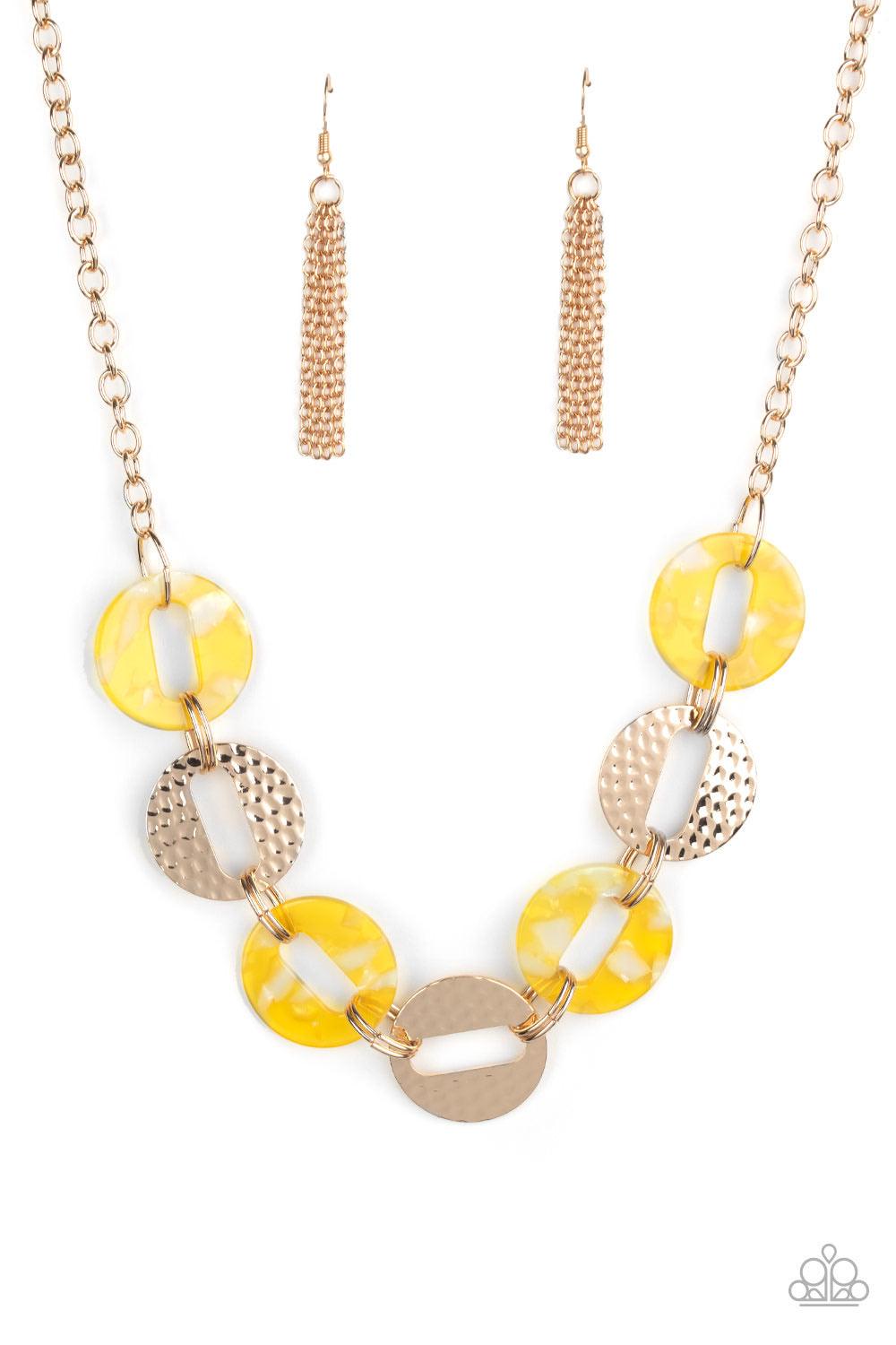 Paparazzi Accessories Retro Retrograde - Yellow Featuring airy circular shapes, hammered gold frames link with shiny yellow acrylic frames below the collar for a colorfully retro look. Features an adjustable clasp closure. Sold as one individual necklace.