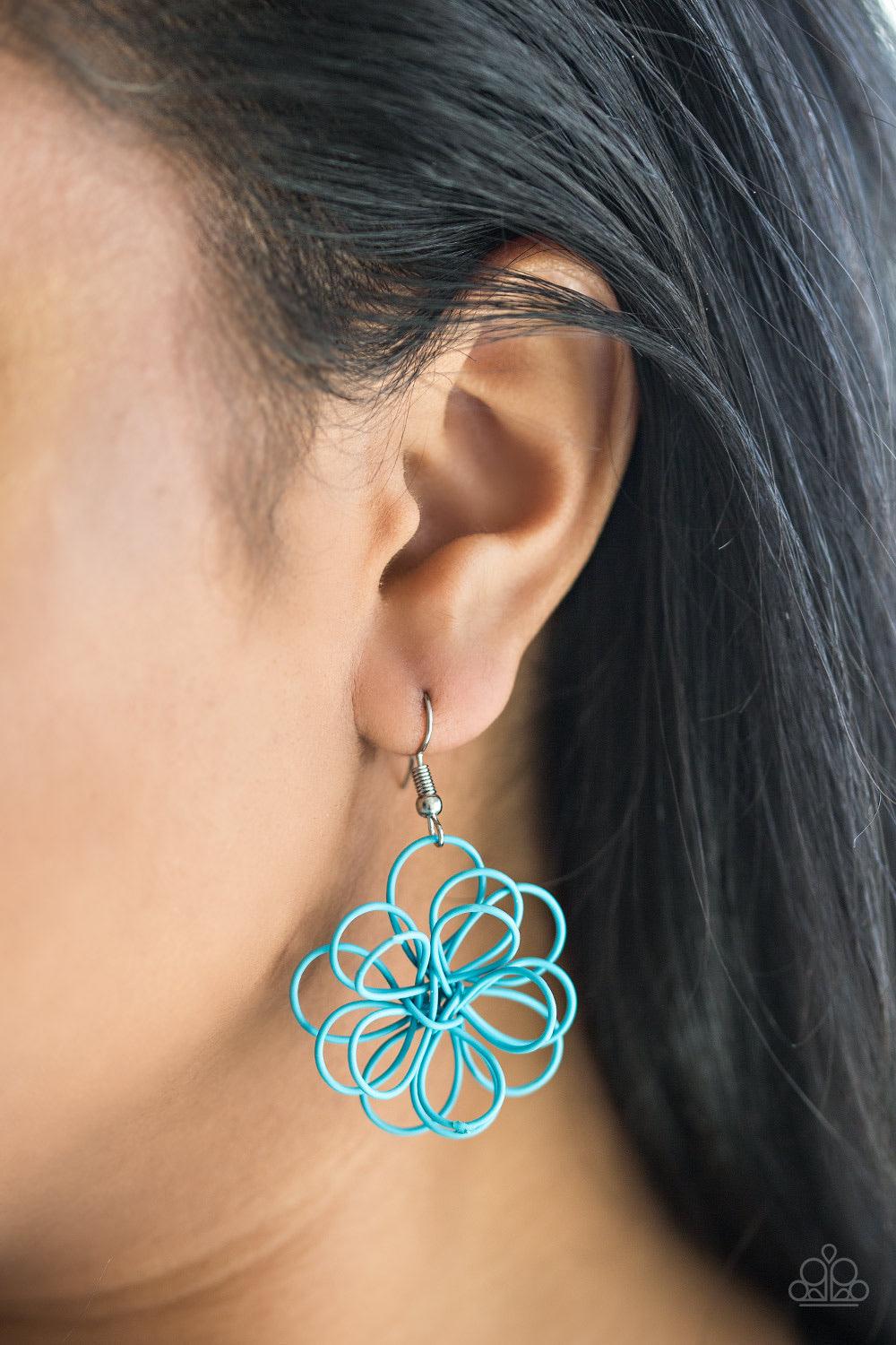 Paparazzi Accessories Midsummer Magic - Blue Brushed in a refreshing blue finish, intricate wires are shaped as petals and knotted in the center to create a small delicate silhouette of a daisy. Earring attaches to a standard fishhook fitting. Sold as one