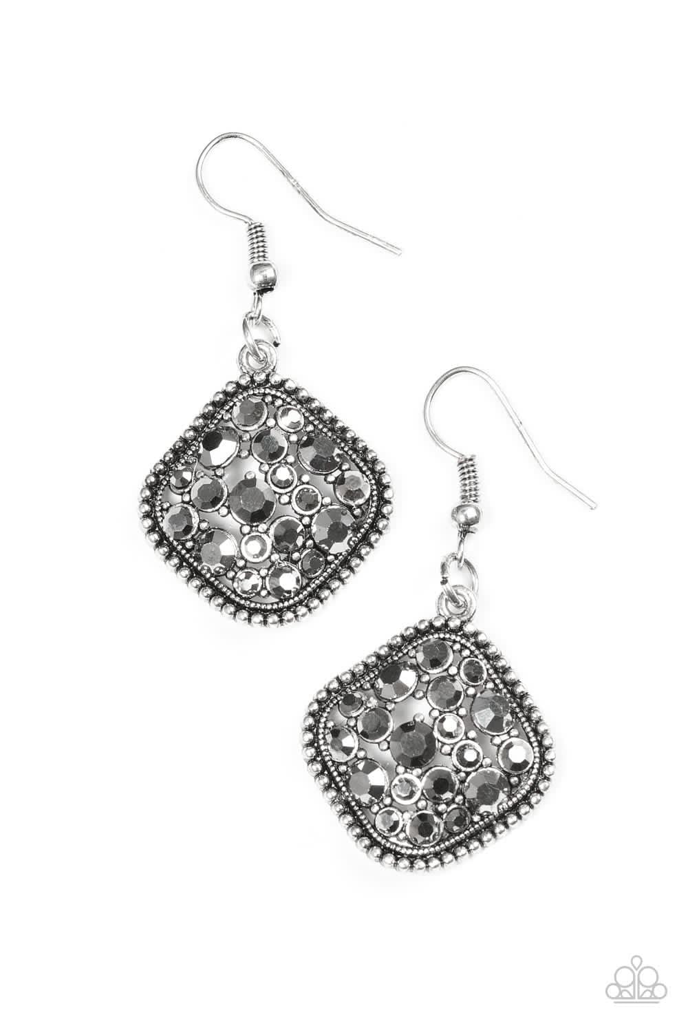 Paparazzi Accessories Princess Of Prestige - Silver Glittery hematite rhinestones are sprinkled across a beveled square frame, creating a glamorous lure. Earring attaches to a standard fishhook fitting. Jewelry