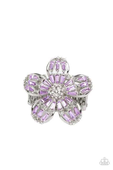 Paparazzi Accessories Botanical Ballroom - Purple Purple and white rhinestones are wrapped around a silver floral frame for a fun, seasonal fashion. Features a stretchy band for a flexible fit. Jewelry