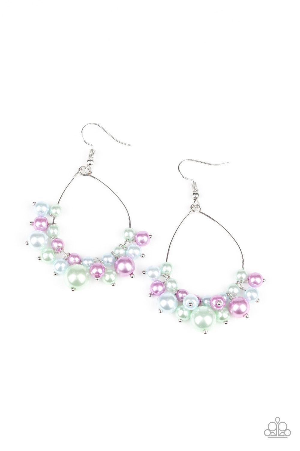 Paparazzi Accessories 5th Avenue Appeal - Multi A refined collection of blue, green, and purple pearls cascade from the bottom of a dainty wire teardrop frame, creating a bubbly fringe. Earring attaches to a standard fishhook fitting. Jewelry