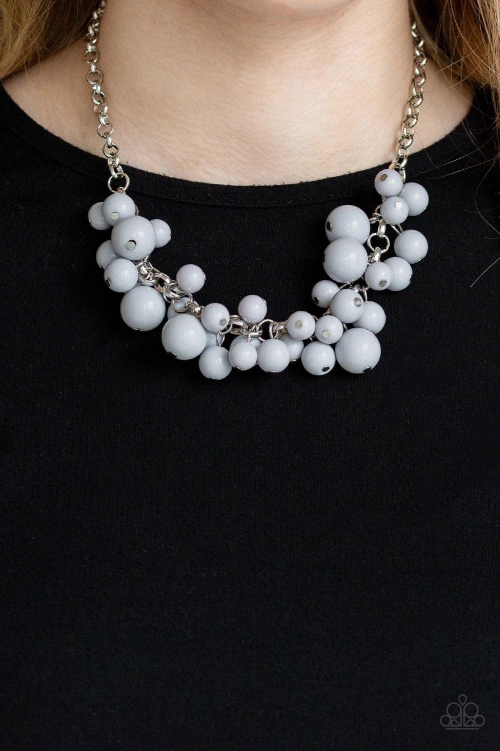 Paparazzi Accessories Walk This BROADWAY ~Silver A collection of bubbly gray beads swing from the bottom of a shimmery silver chain, creating a vivacious fringe below the collar. Features an adjustable clasp closure. Sold as one individual necklace. Inclu
